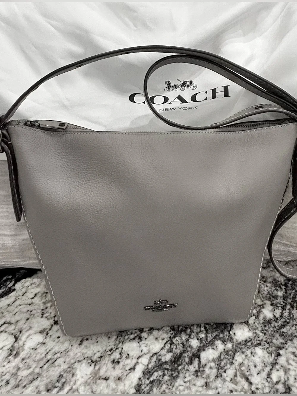 Coach Gray Leather Shoulder Bag with Silver-Tone Logo